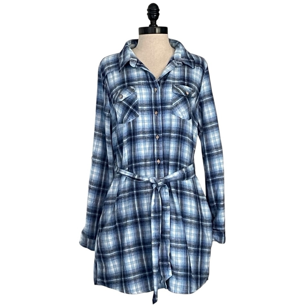 Fantastic Fawn Blue Plaid Flannel Shirtdress - Size Large - NWOT
